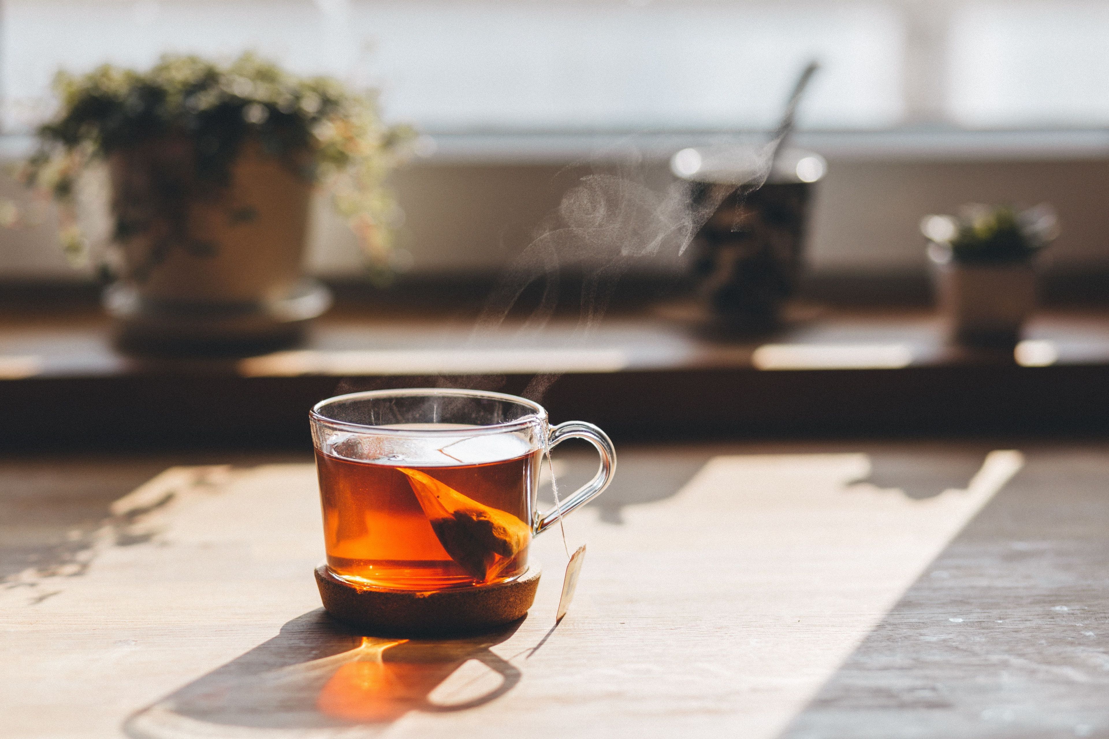 A steaming glass of herbal tea in front of window