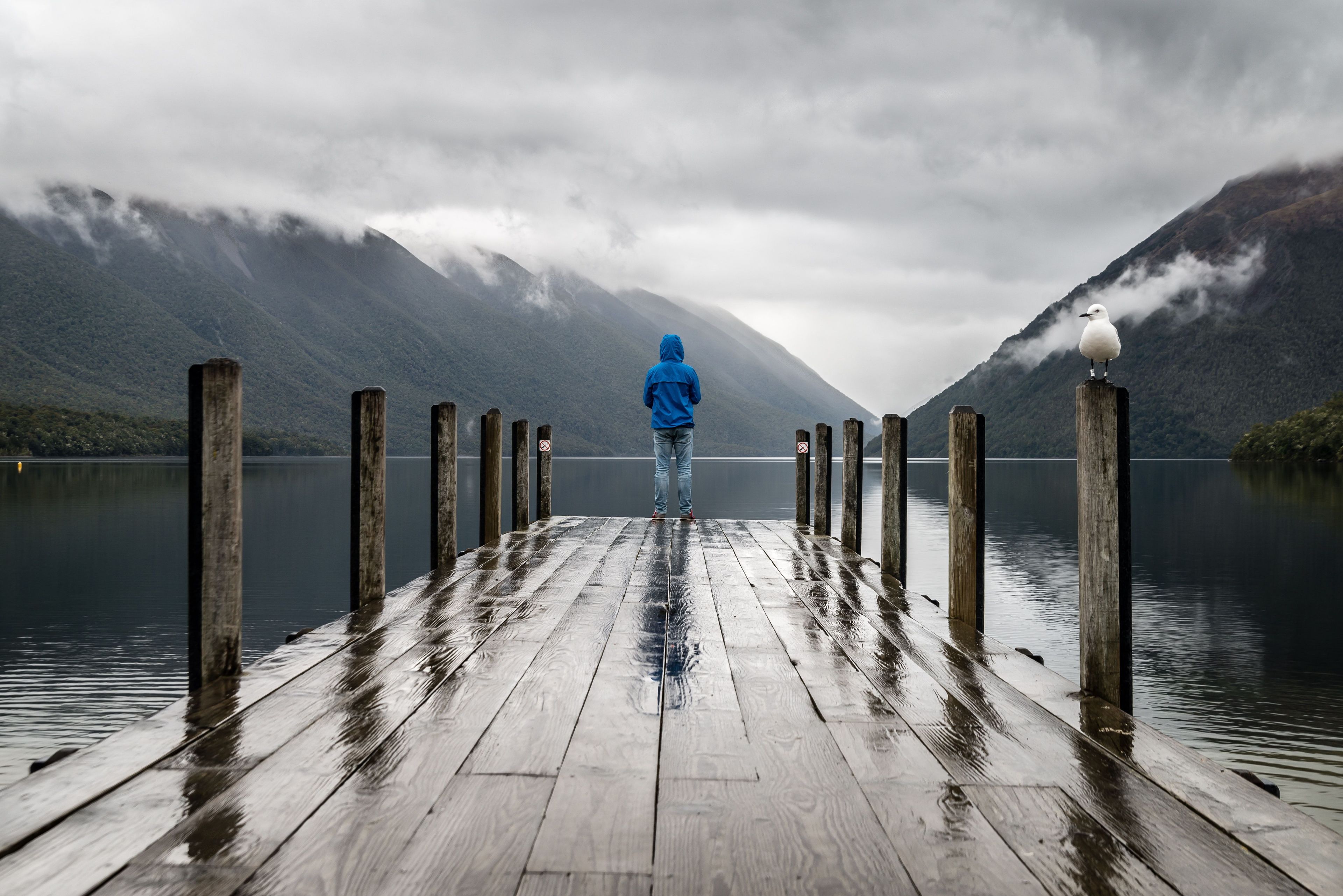 Hooded person on a dock looking at cloudy lake